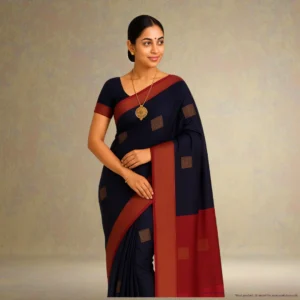 NT0BA0-1 Cotton Silk Drape – Navy Blue with Gold Squares & Pink-Gold Border