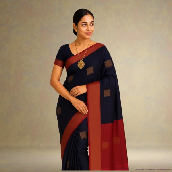 Cotton Silk Drape – Navy Blue with Gold Squares & Pink-Gold Border