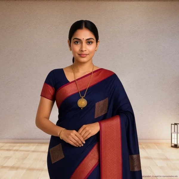 Cotton Silk Drape – Navy Blue with Gold Squares & Pink-Gold Border