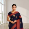 Cotton Silk Drape – Navy Blue with Gold Squares & Pink-Gold Border
