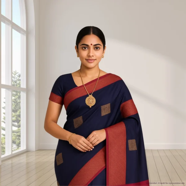 Cotton Silk Drape – Navy Blue with Gold Squares & Pink-Gold Border