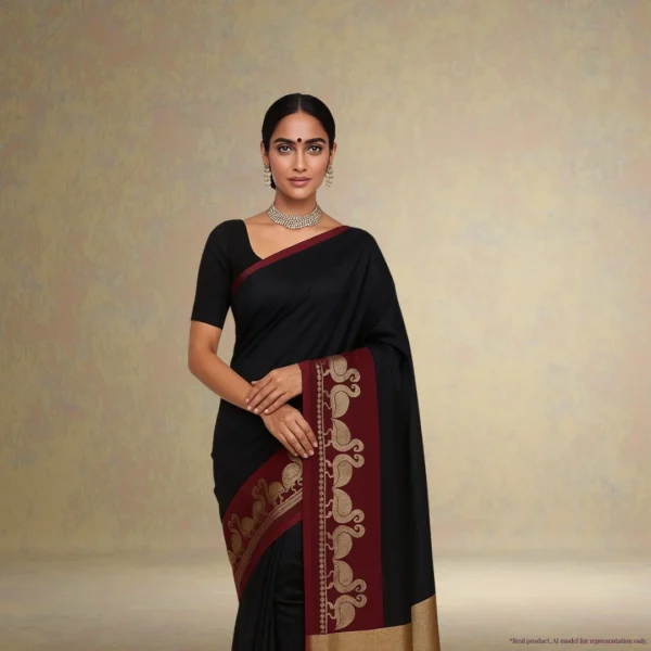 Cotton Silk Drape – Classic Black with Rich Red Swan Border