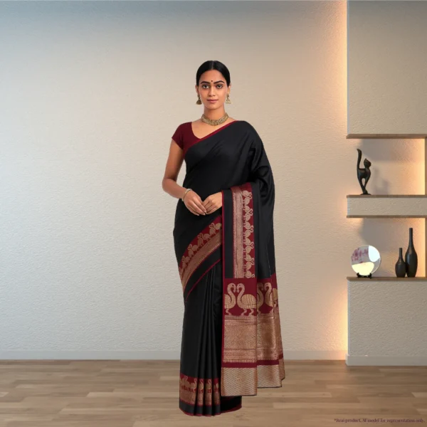 Cotton Silk Drape – Classic Black with Rich Red Swan Border