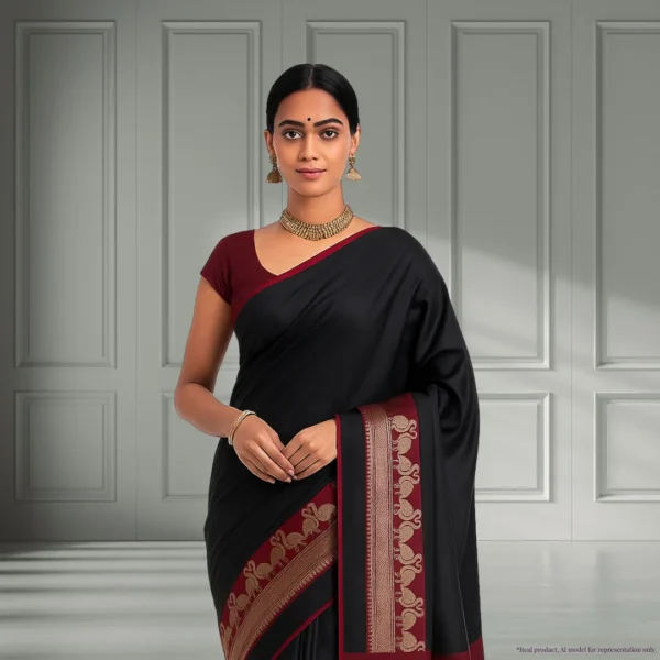 Cotton Silk Drape – Classic Black with Rich Red Swan Border