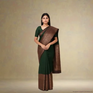 NT0BA0-3 Cotton Silk Drape – Deep Olive Green with Maroon Gold Border