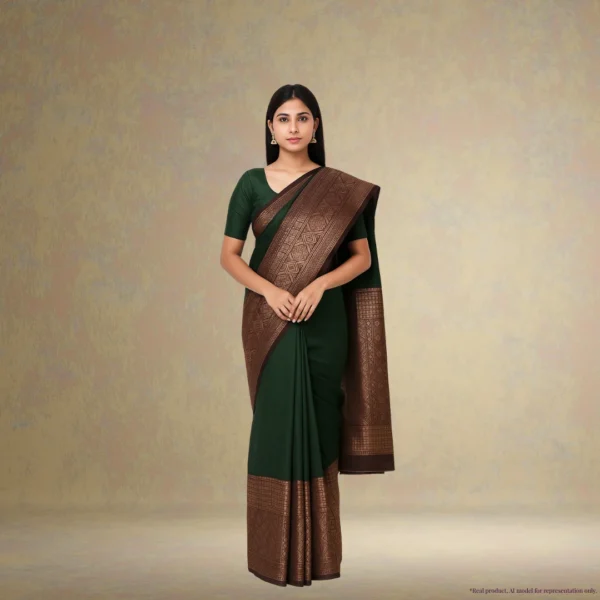Cotton Silk Drape – Deep Olive Green with Maroon Gold Border