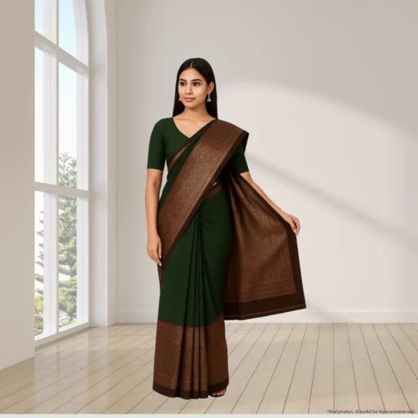 Cotton Silk Drape – Deep Olive Green with Maroon Gold Border