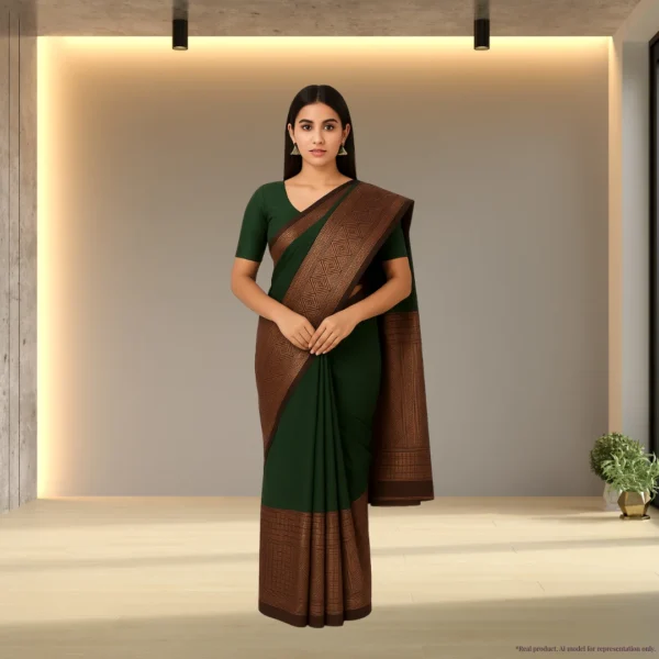 Cotton Silk Drape – Deep Olive Green with Maroon Gold Border