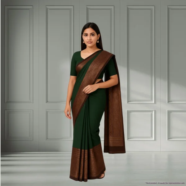 Cotton Silk Drape – Deep Olive Green with Maroon Gold Border