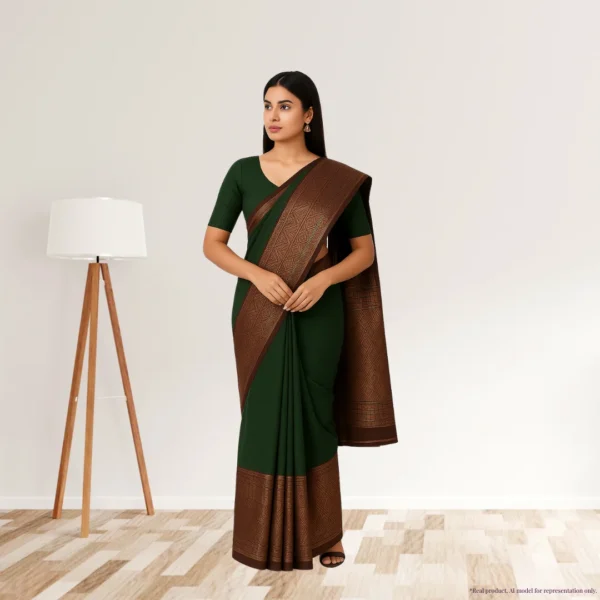 Cotton Silk Drape – Deep Olive Green with Maroon Gold Border