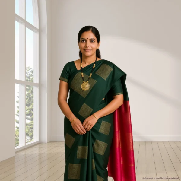 Cotton Silk- Deep Bottle Green with Gold Square