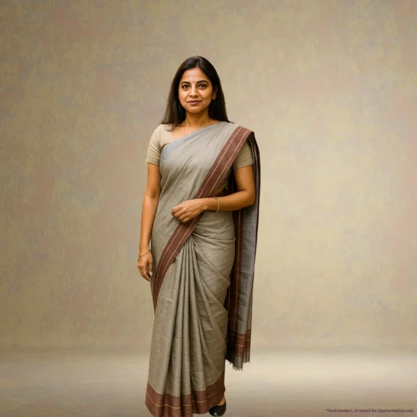 Cotton Silk Drape – Stone Grey with Earthy Brown Border