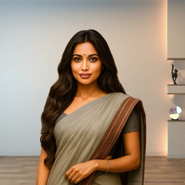 Cotton Silk Drape – Stone Grey with Earthy Brown Border