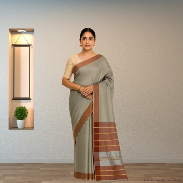 Cotton Silk Drape – Stone Grey with Earthy Brown Border