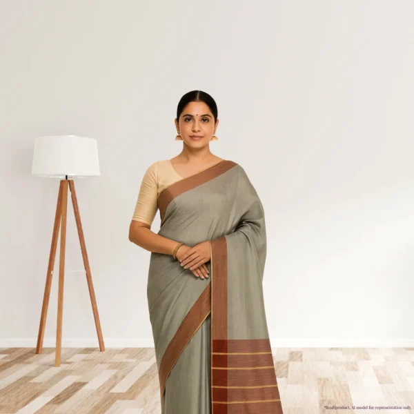 Cotton Silk Drape – Stone Grey with Earthy Brown Border