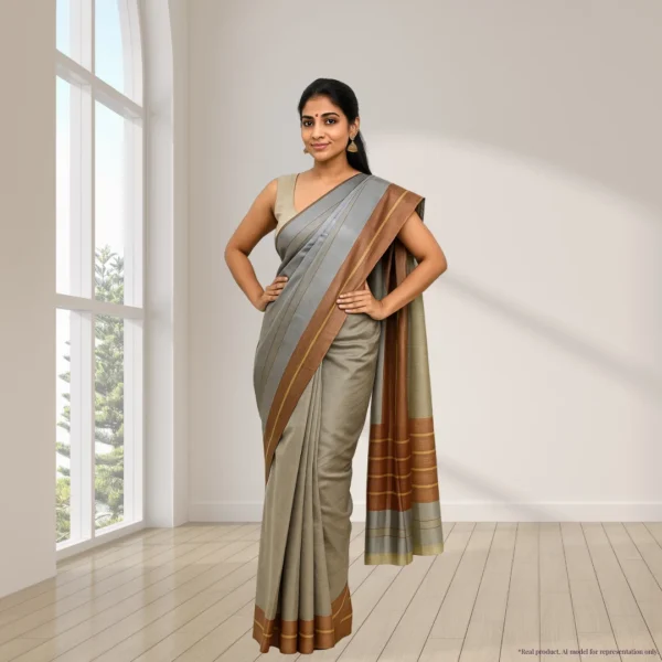 Cotton Silk Drape – Stone Grey with Earthy Brown Border