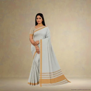 NT0BD0-1 Temple Elegance – White Cotton Saree with Golden Zari Border