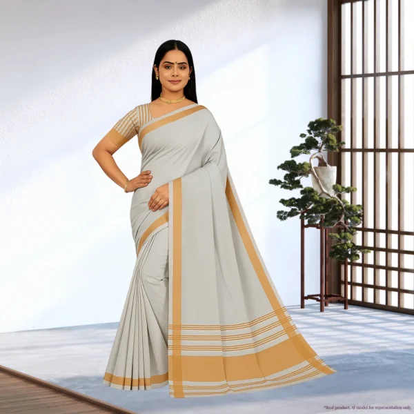 Temple Elegance – White Cotton Saree with Golden Zari Border