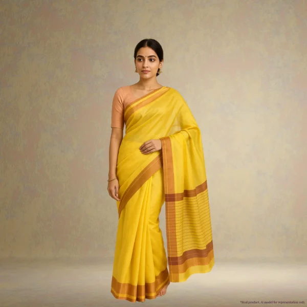 Cotton Silk Drape – Marigold Yellow with Golden Brown Border