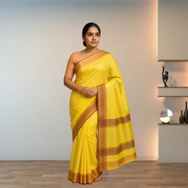 Cotton Silk Drape – Marigold Yellow with Golden Brown Border