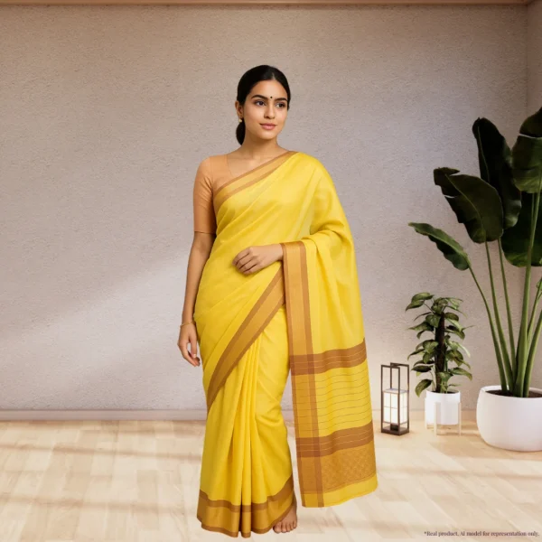 Cotton Silk Drape – Marigold Yellow with Golden Brown Border