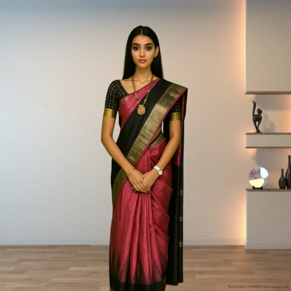 Khadi Cotton Drape with Bold Borders – Black and Pink