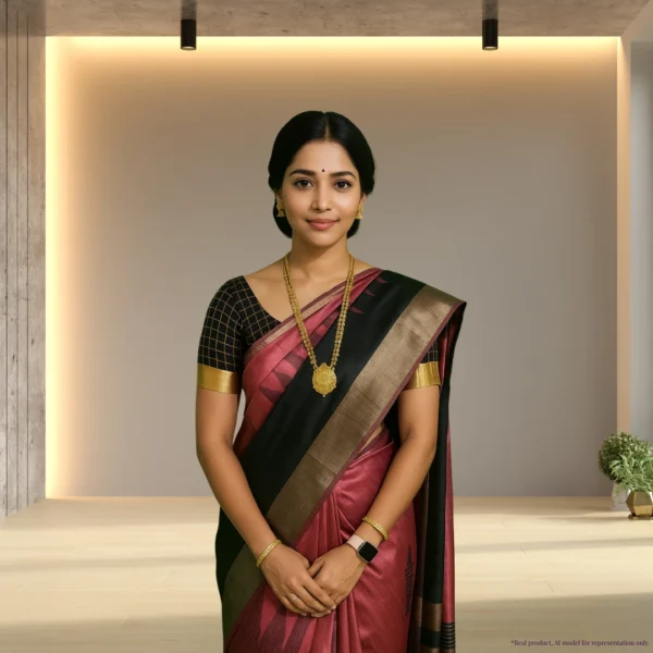 Khadi Cotton Drape with Bold Borders – Black and Pink