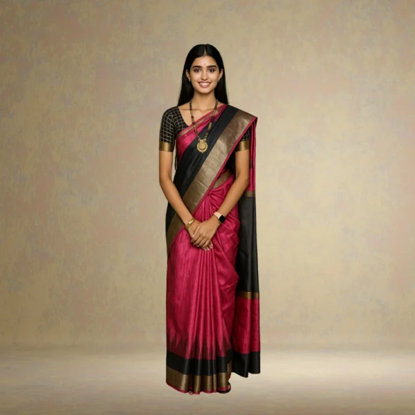 Khadi Cotton Drape with Bold Borders – Black and Pink