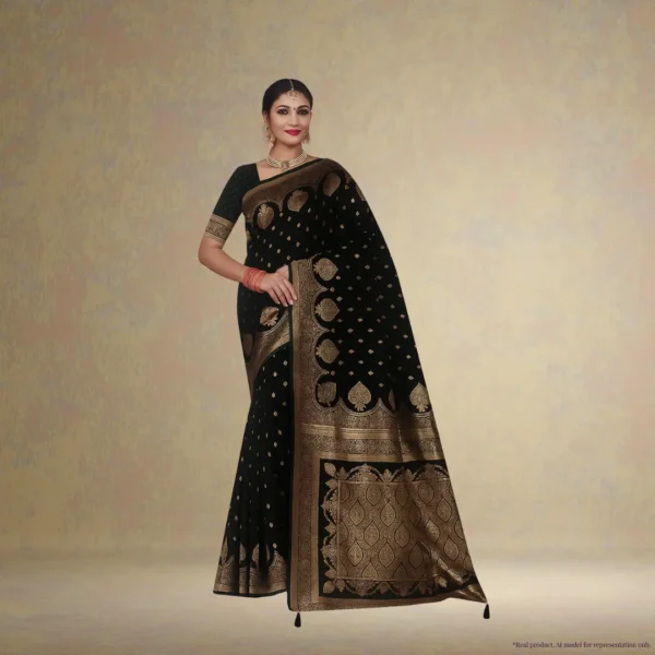 Festive Banarasi Drape – Dark Olive Green with Antique Gold Accents