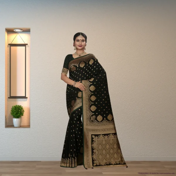 Festive Banarasi Drape – Dark Olive Green with Antique Gold Accents