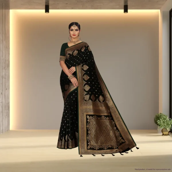 Festive Banarasi Drape – Dark Olive Green with Antique Gold Accents