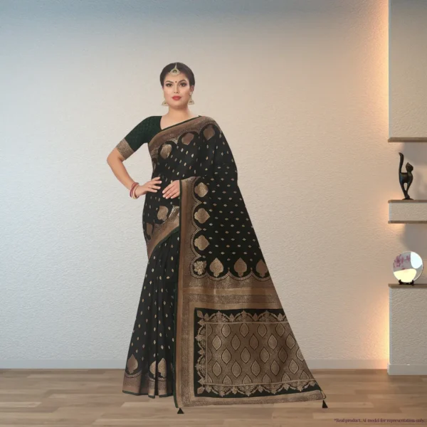 Festive Banarasi Drape – Dark Olive Green with Antique Gold Accents