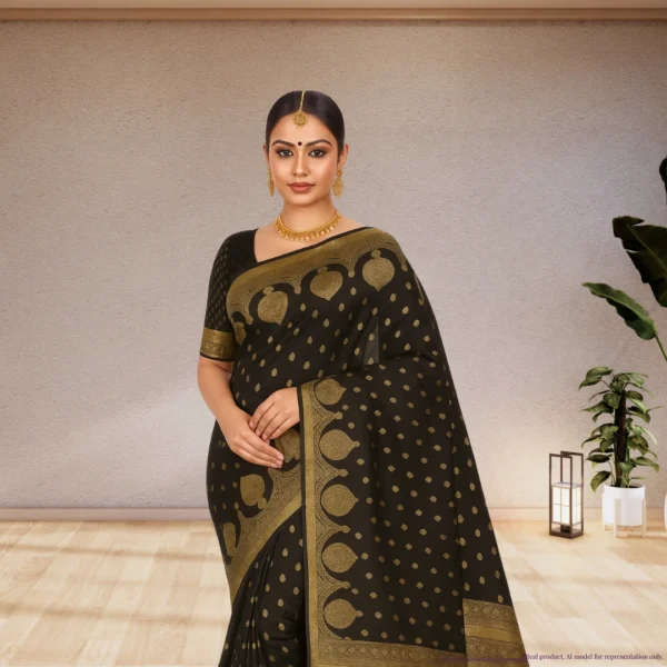 Festive Banarasi Drape – Dark Brown with Antique Gold Accents