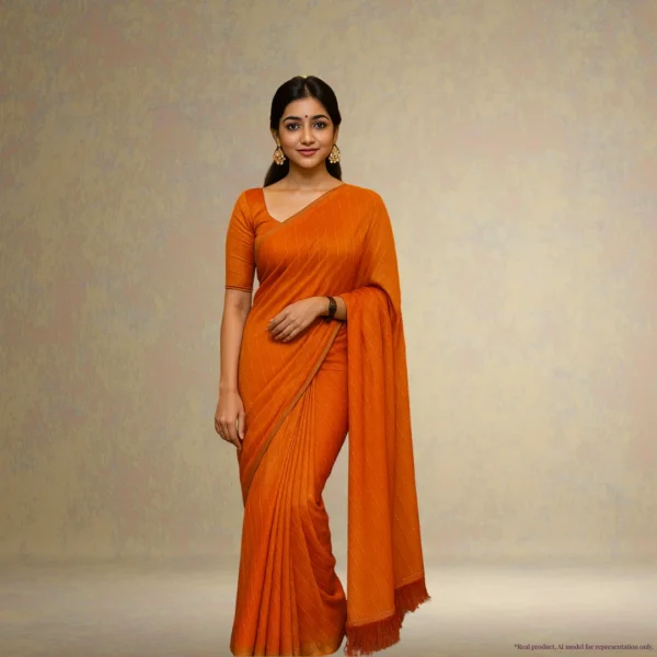 Georgette Festive Drape – Saffron Gold with Subtle Zari Stripes