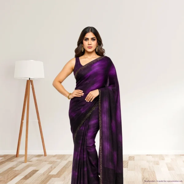 Georgette Festive Drape – Royal Ombre Violet with Subtle Zari Stripes