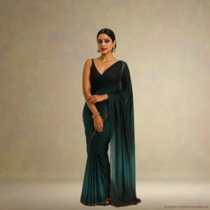 SS0BB0-3 Georgette Festive Drape – Emerald Teal Blue with Subtle Zari Stripes