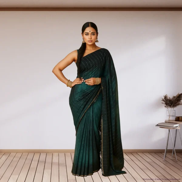 Georgette Festive Drape – Emerald Teal Blue with Subtle Zari Stripes