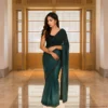 Georgette Festive Drape – Emerald Teal Blue with Subtle Zari Stripes