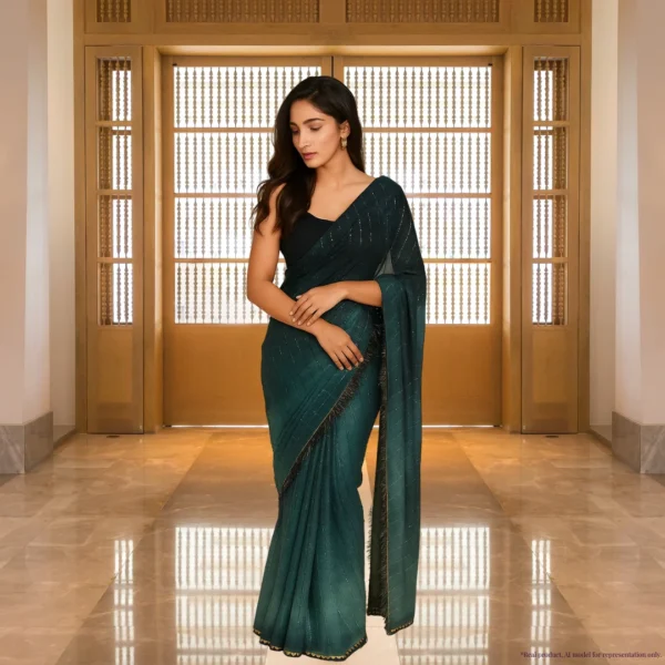 Georgette Festive Drape – Emerald Teal Blue with Subtle Zari Stripes
