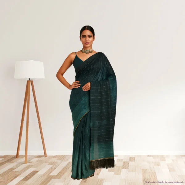 Georgette Festive Drape – Emerald Teal Blue with Subtle Zari Stripes