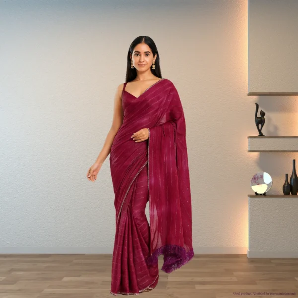 Georgette Festive Drape – Royal Magenta with Subtle Zari Stripes