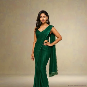 SS0BB0-5A Georgette Festive Drape – Deep Forest Green with Subtle Zari Stripes