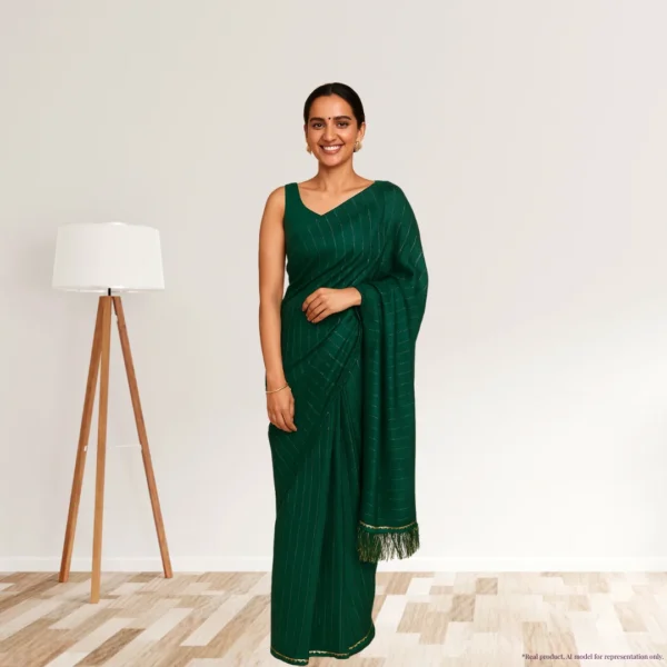 Georgette Festive Drape – Deep Forest Green with Subtle Zari Stripes