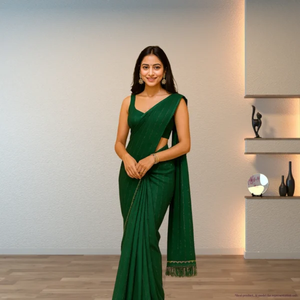 Georgette Festive Drape – Deep Forest Green with Subtle Zari Stripes
