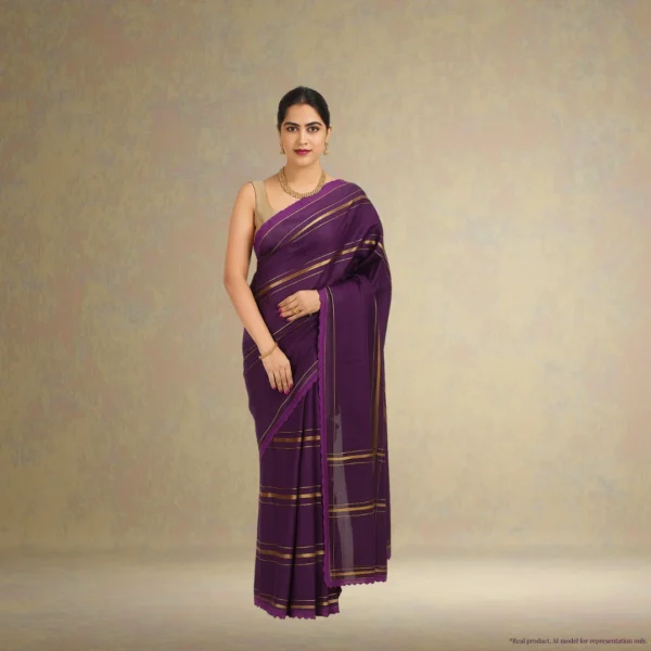Cotton Silk Saree - Dark Purple with Golden Stripes