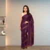 Cotton Silk Saree - Dark Purple with Golden Stripes