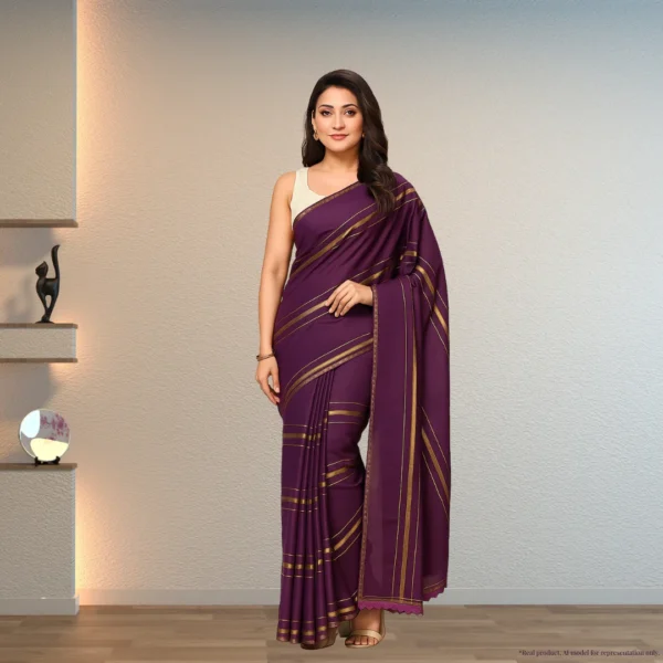 Cotton Silk Saree - Dark Purple with Golden Stripes