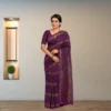 Cotton Silk Saree - Dark Purple with Golden Stripes