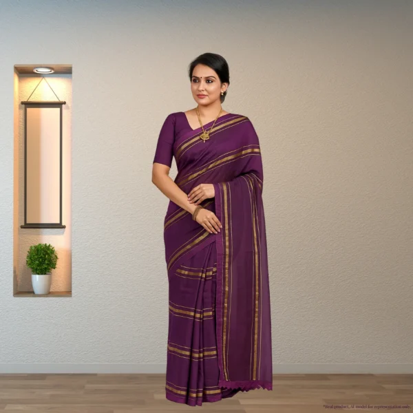 Cotton Silk Saree - Dark Purple with Golden Stripes