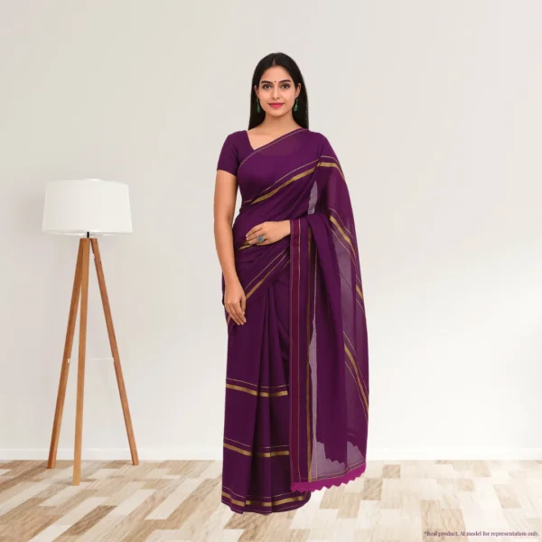 Cotton Silk Saree - Dark Purple with Golden Stripes
